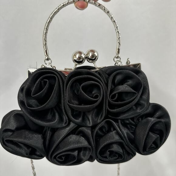Women's Black Evening Clutch Floral Handbag Party Purse Detachable Chain Strap - Picture 3 of 16